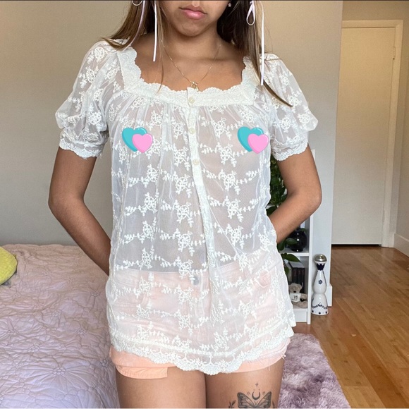 SOLD Ultra Pink White Lace Camisole Puffed Sleeves Size Small - Picture 2 of 5